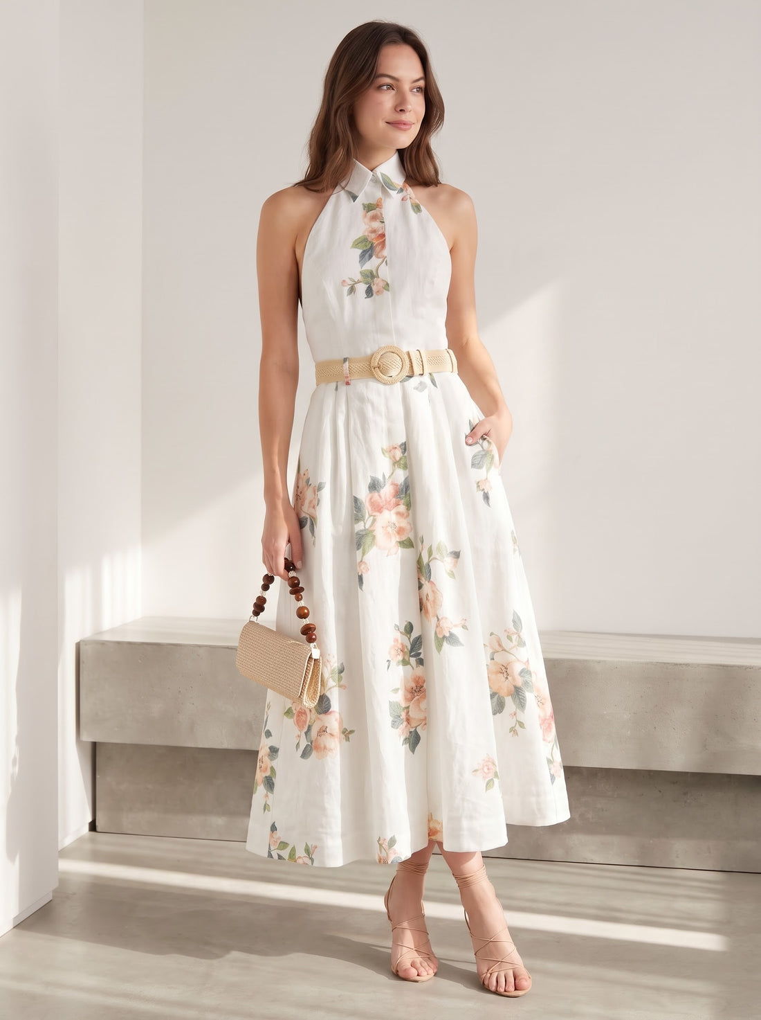 Floral Printed Collared Belted Midi Dress