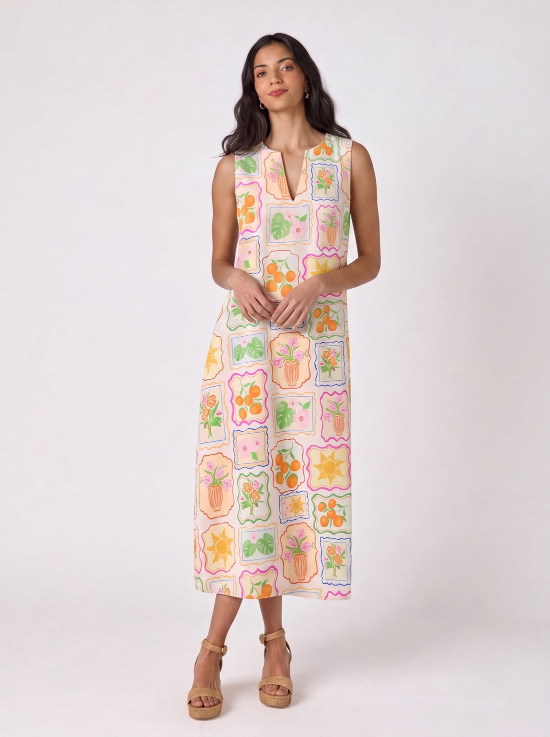 Multicolor Botanical Frame Print Midi Dress