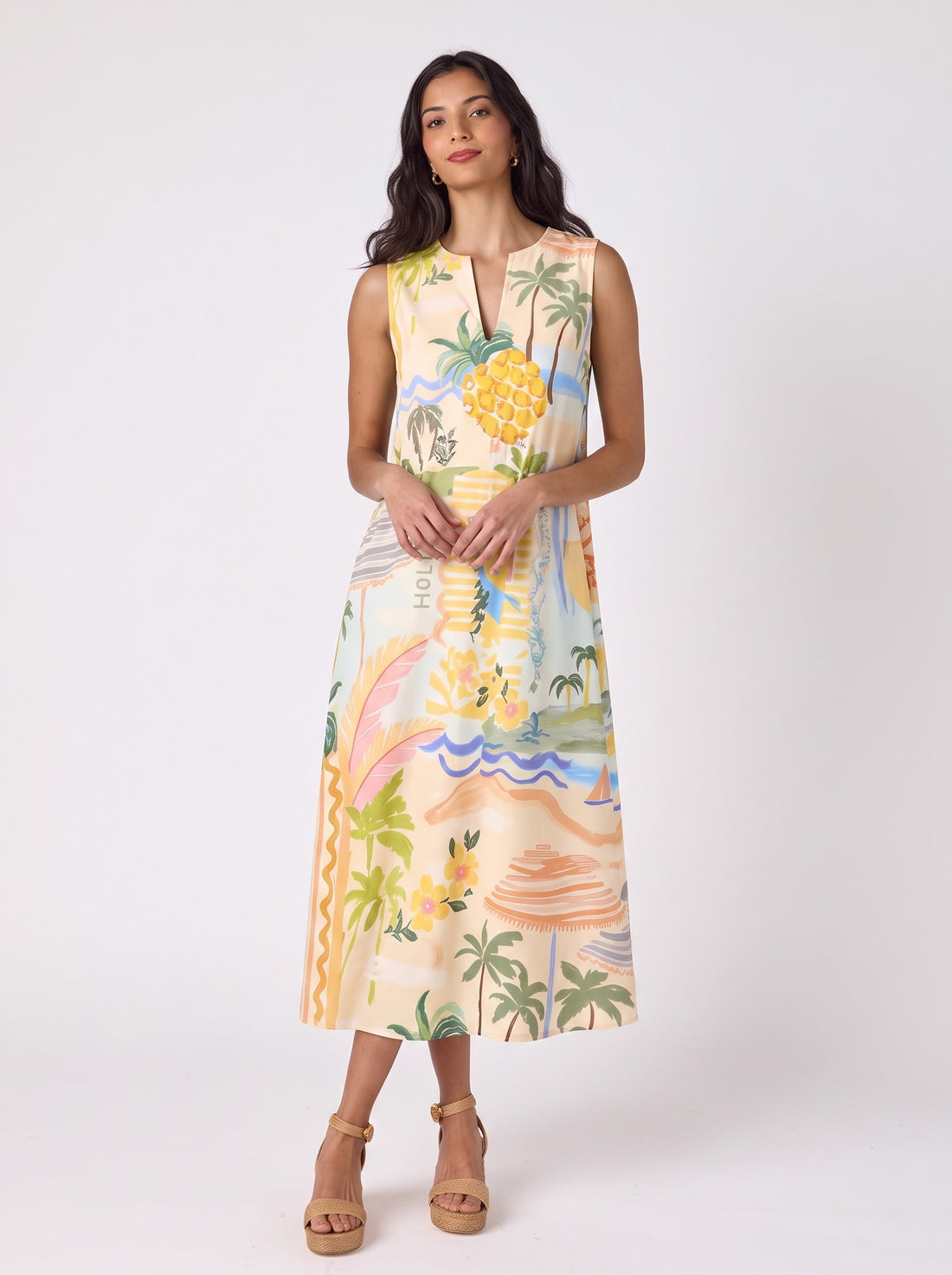 Tropical Vacation Print Midi Dress