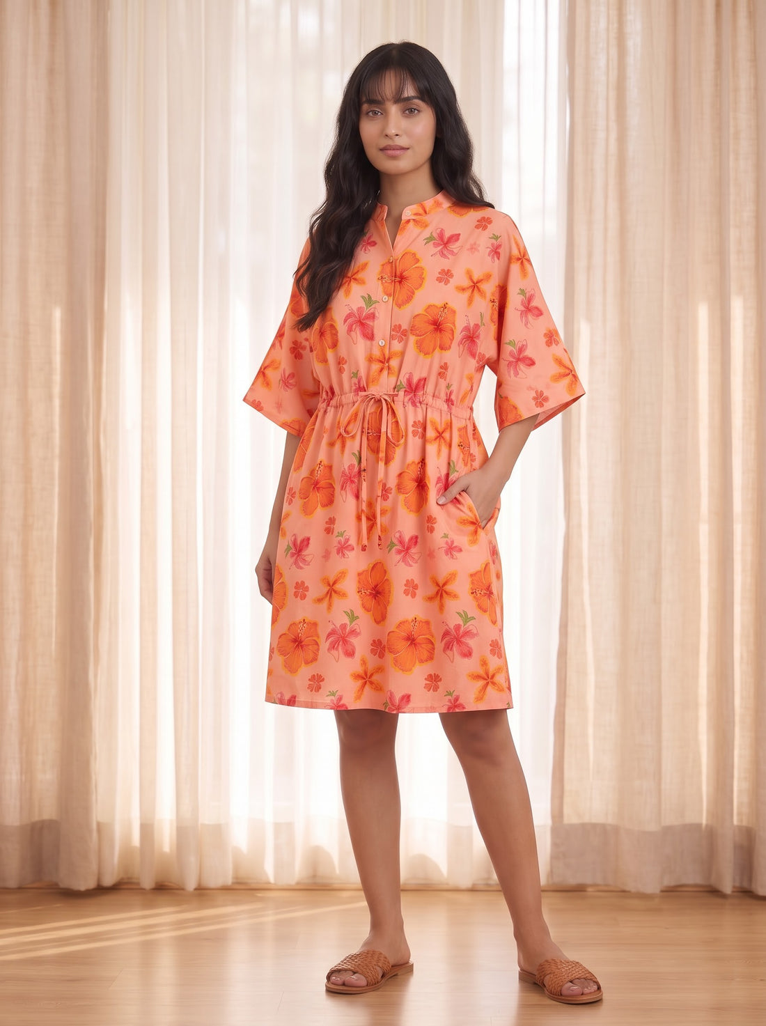 Peach Floral Print Shirt Dress