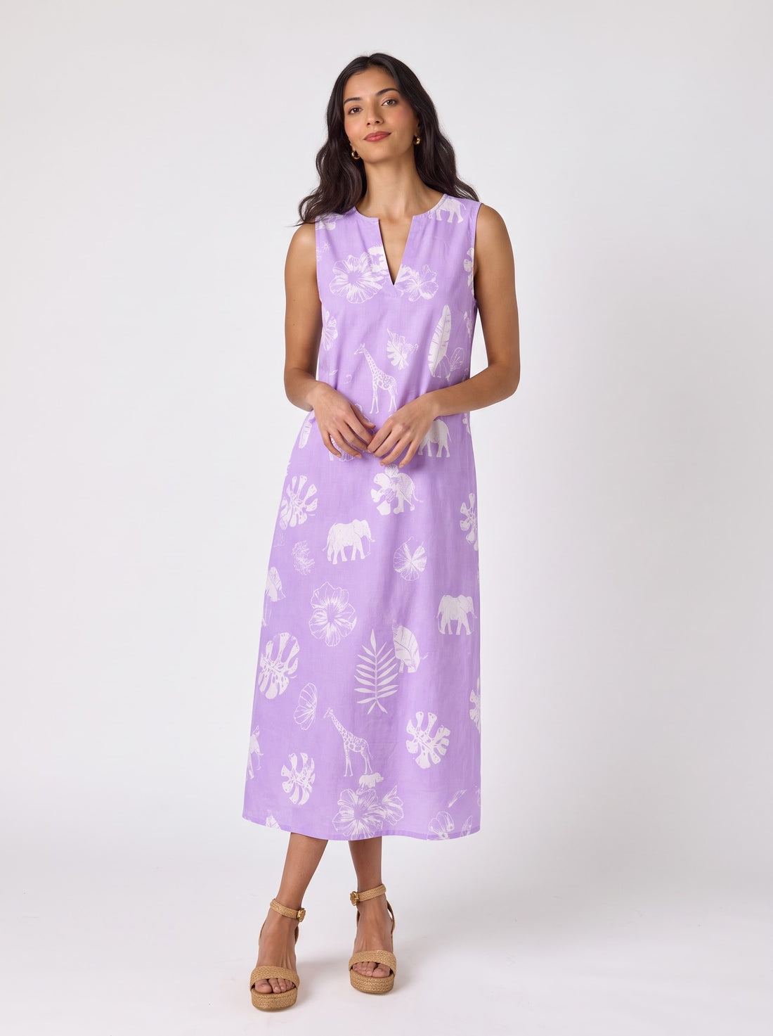 Lavender Safari Print Sleeveless Midi Dress