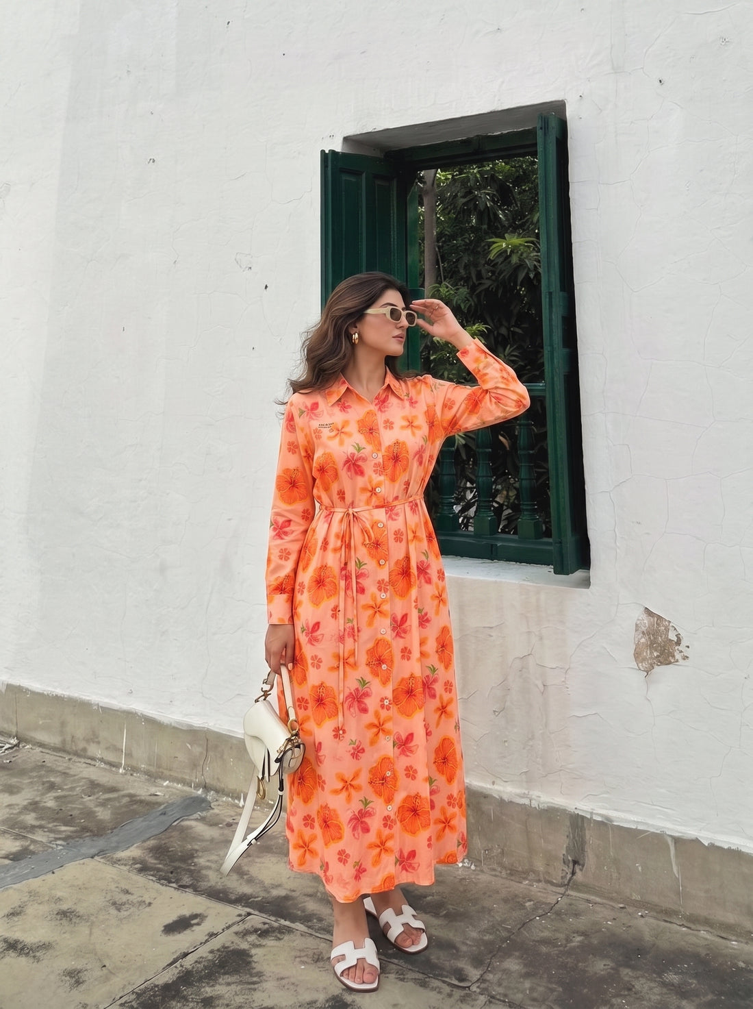 Peach Floral Belted Dress