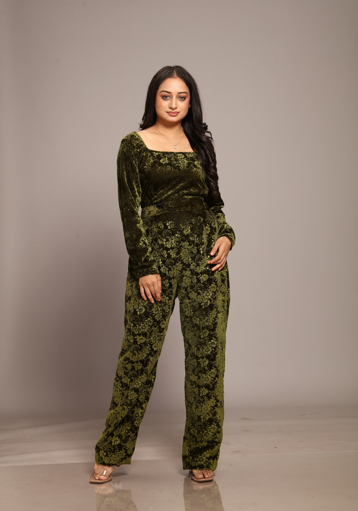 Velvet olive green Co-ord Set