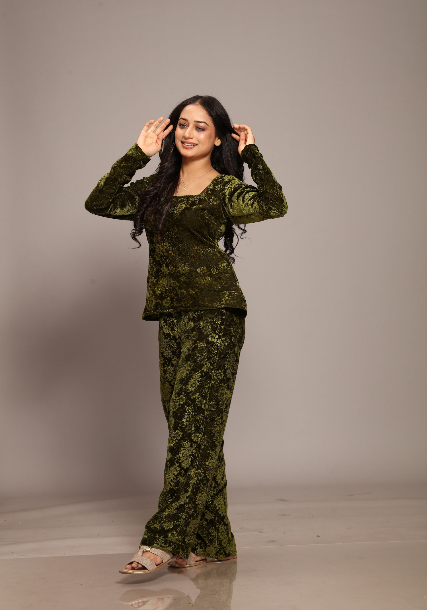 Velvet olive green Co-ord Set