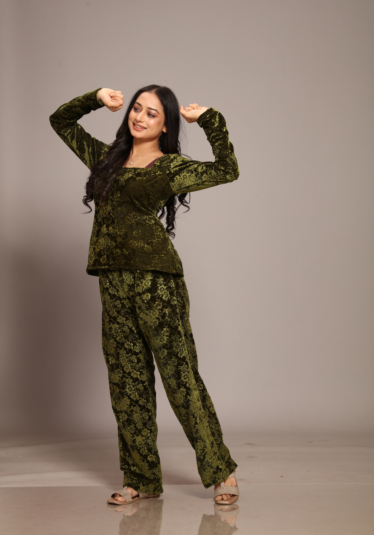 Velvet olive green Co-ord Set