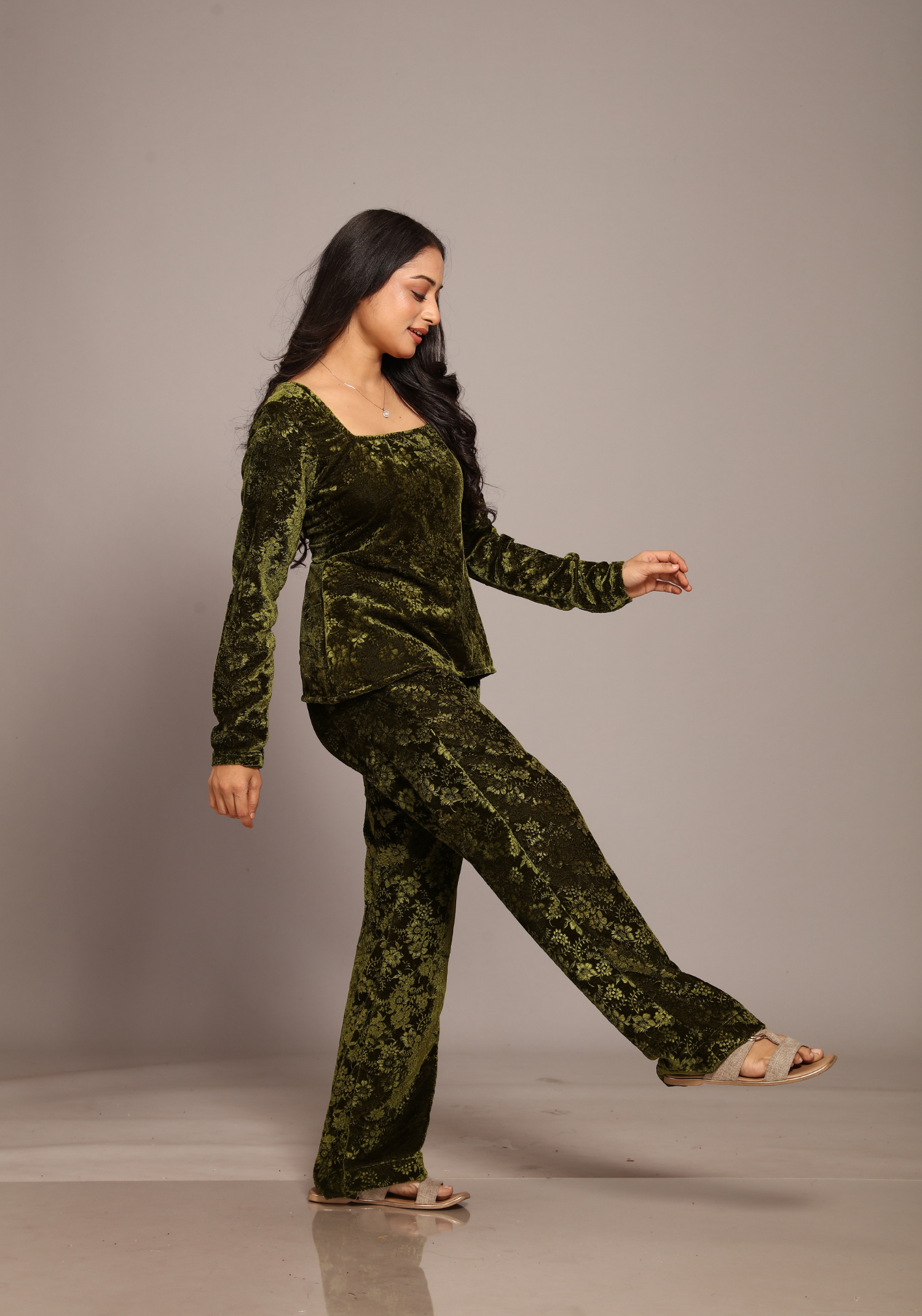 Velvet olive green Co-ord Set