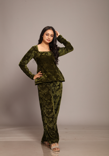 Velvet olive green Co-ord Set