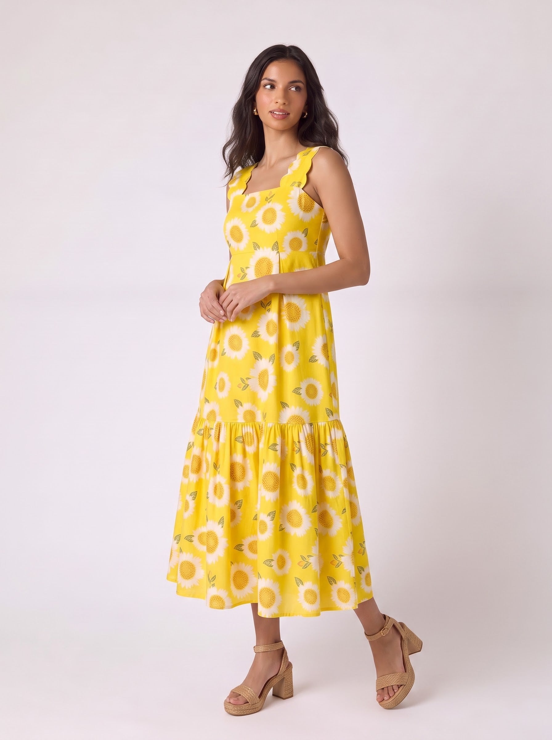 Yellow Sunflower Ruffle Strap Maxi Dress