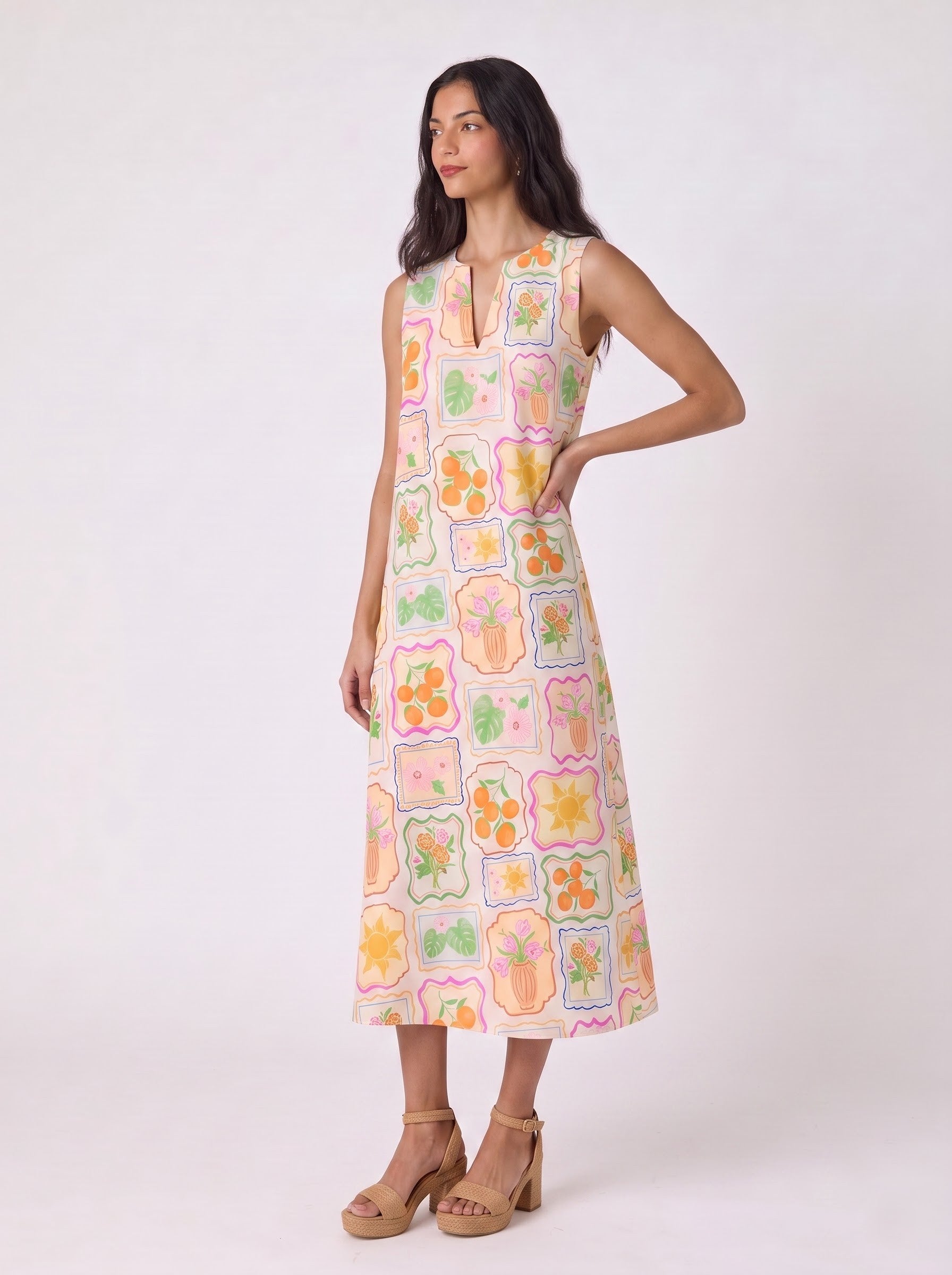 Multicolor Botanical Frame Print Midi Dress