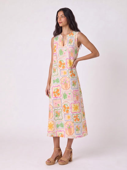 Multicolor Botanical Frame Print Midi Dress