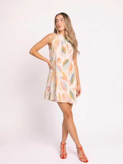 Ivory Abstract Leaf Print Mini Dress