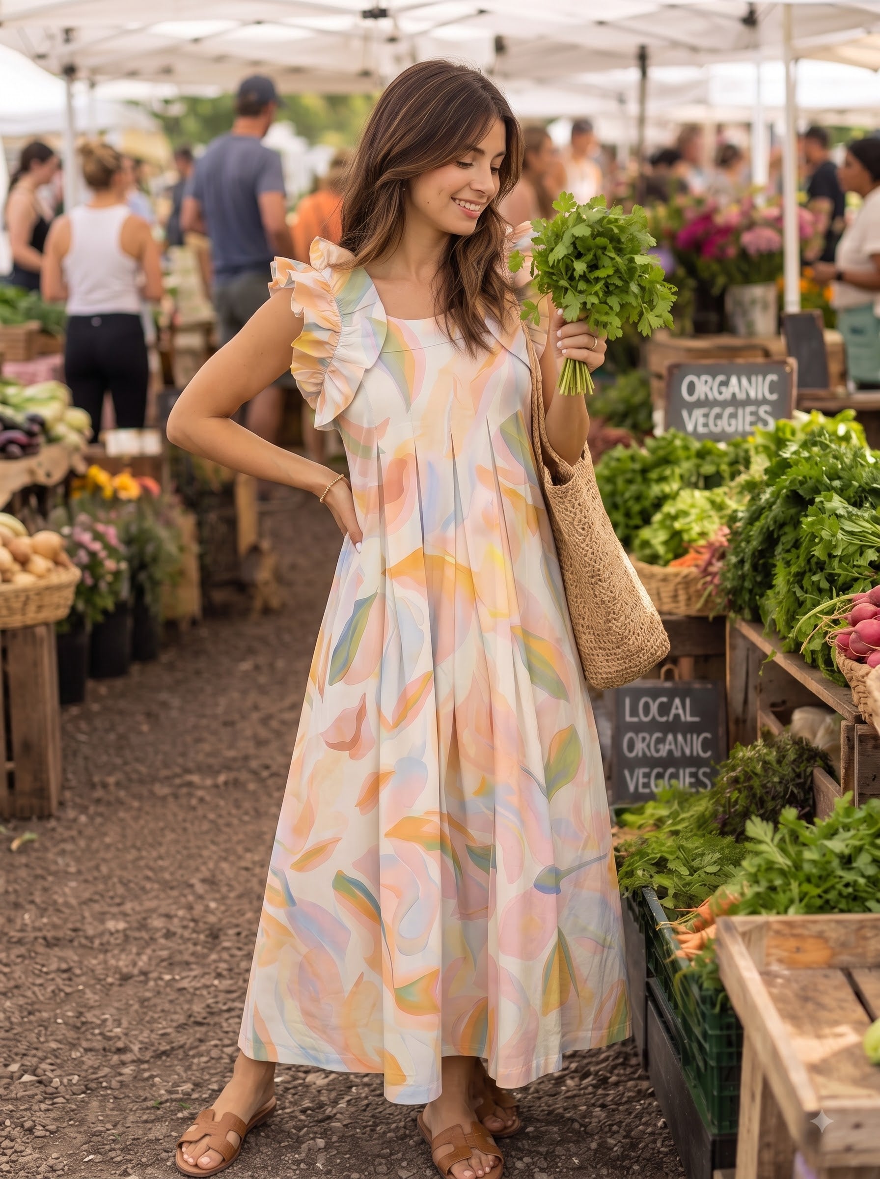 Pastel Abstract Leaf Print Maxi Dress
