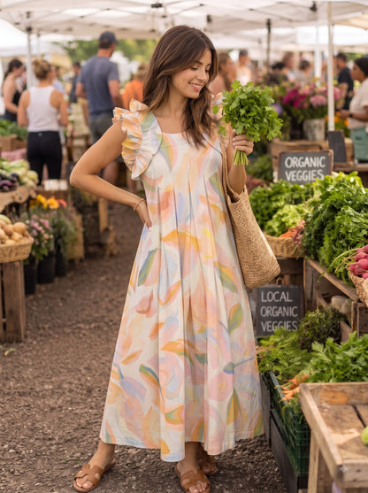 Pastel Abstract Leaf Print Maxi Dress