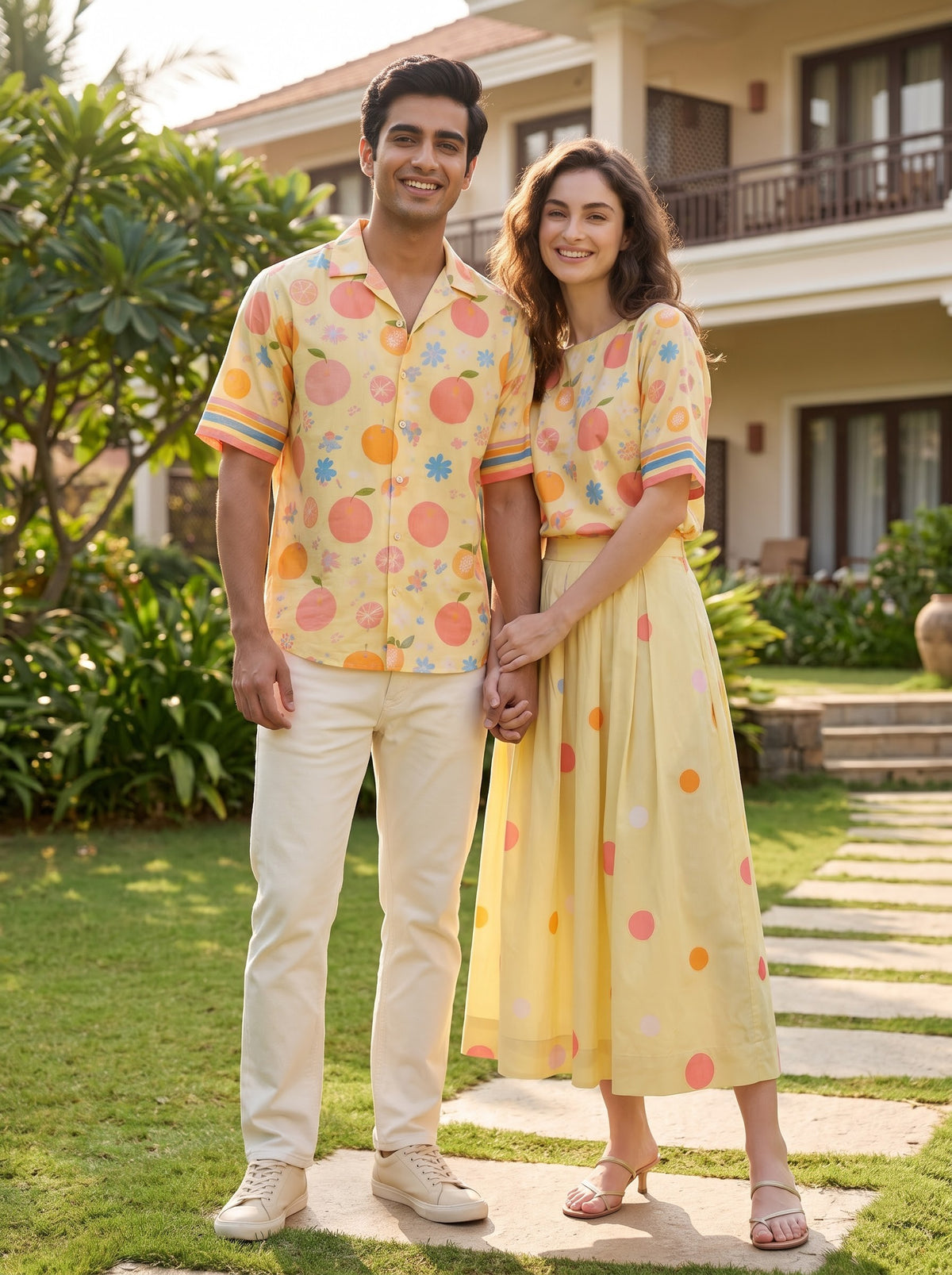 Yellow Fruit Print Matching Couple Set