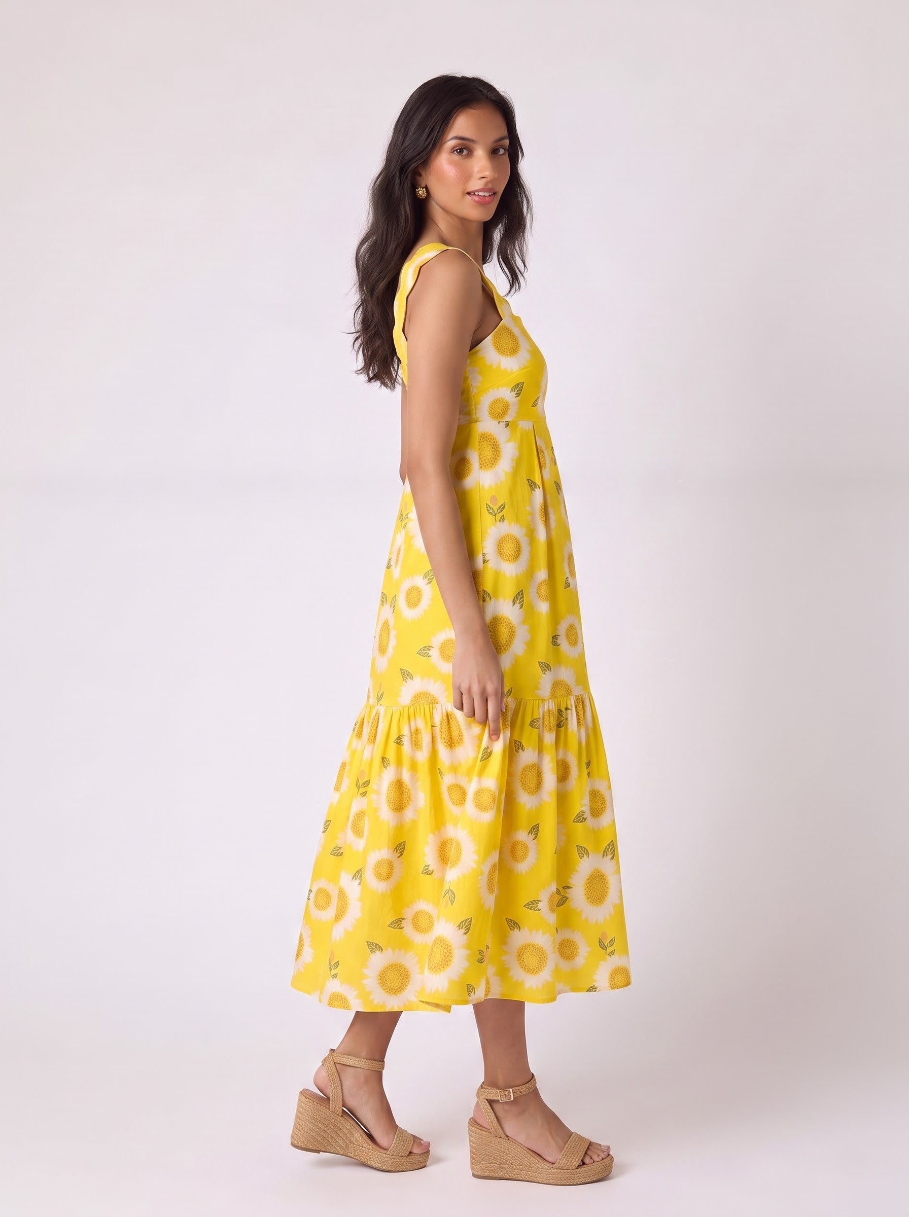 Yellow Sunflower Ruffle Strap Maxi Dress