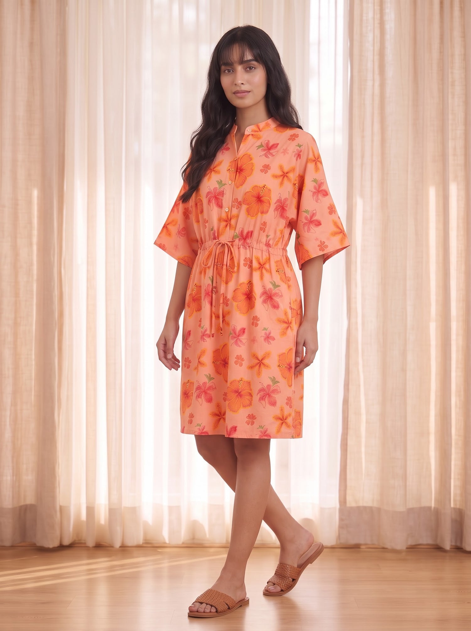 Peach Floral Print Shirt Dress