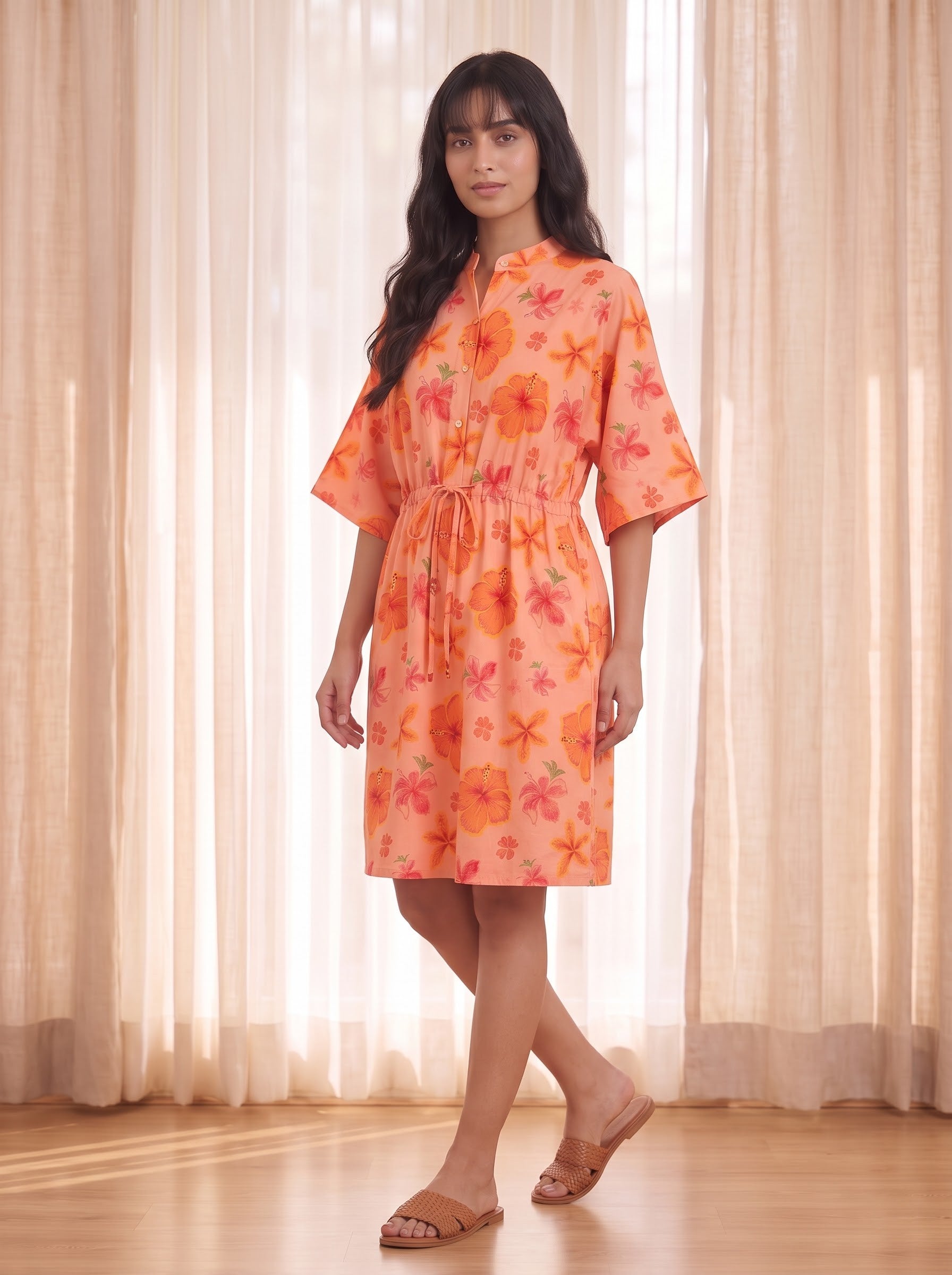 Peach Floral Print Shirt Dress