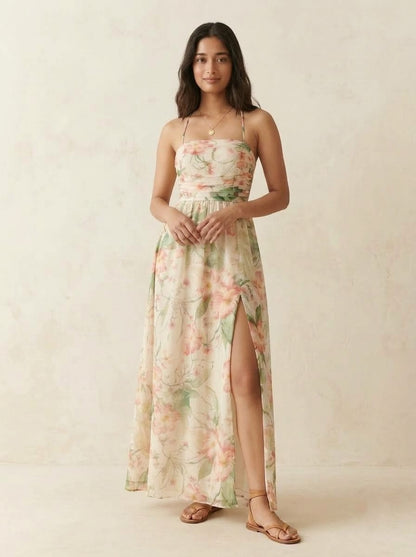 blush watercolour Strappy Slit Maxi Dress