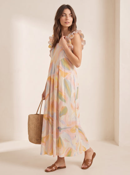 Pastel Abstract Leaf Print Maxi Dress
