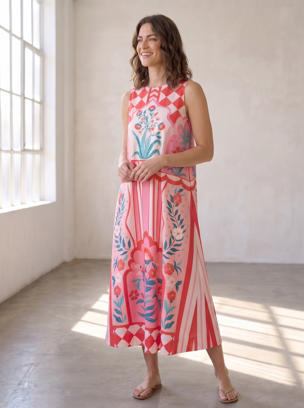 Vibrant Floral &amp; Checkerboard Printed Maxi Dress