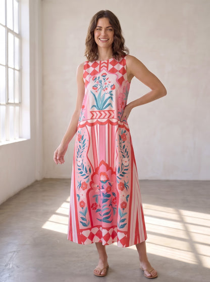 Vibrant Floral &amp; Checkerboard Printed Maxi Dress