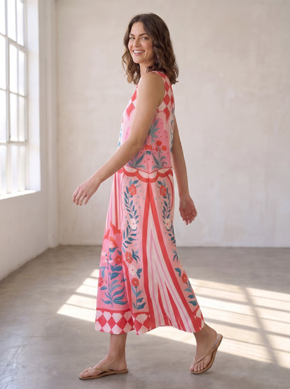 Vibrant Floral &amp; Checkerboard Printed Maxi Dress