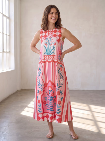 Vibrant Floral &amp; Checkerboard Printed Maxi Dress