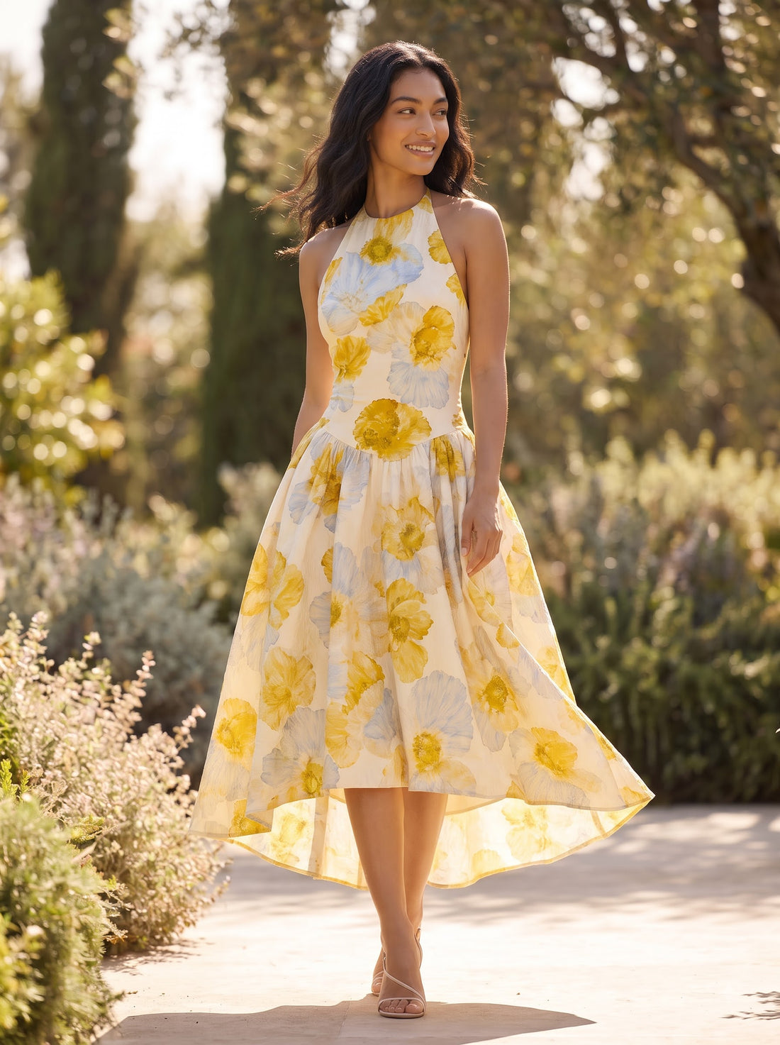 Watercolor Floral Printed Halter Neck Midi Dress