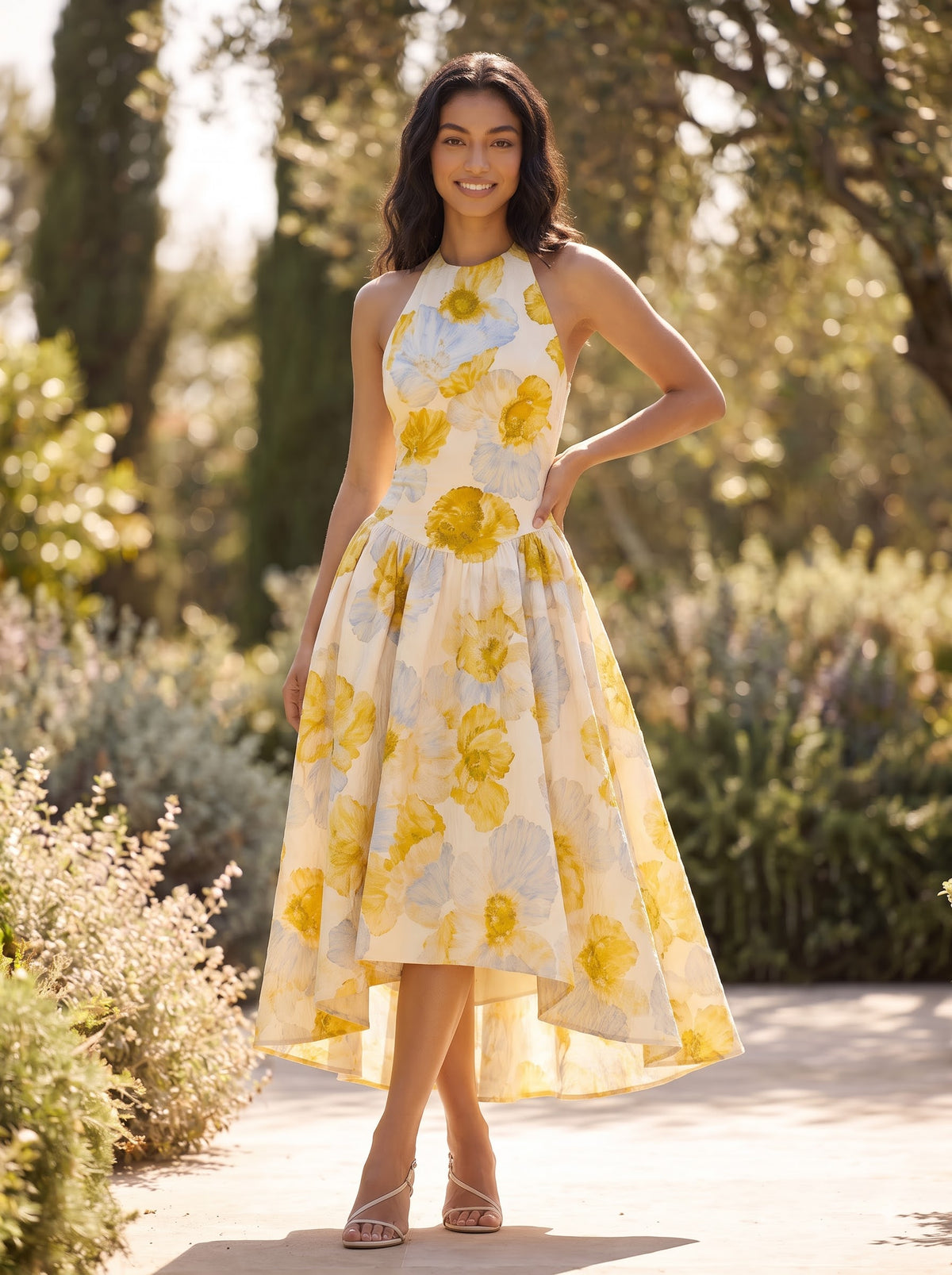 Watercolor Floral Printed Halter Neck Midi Dress