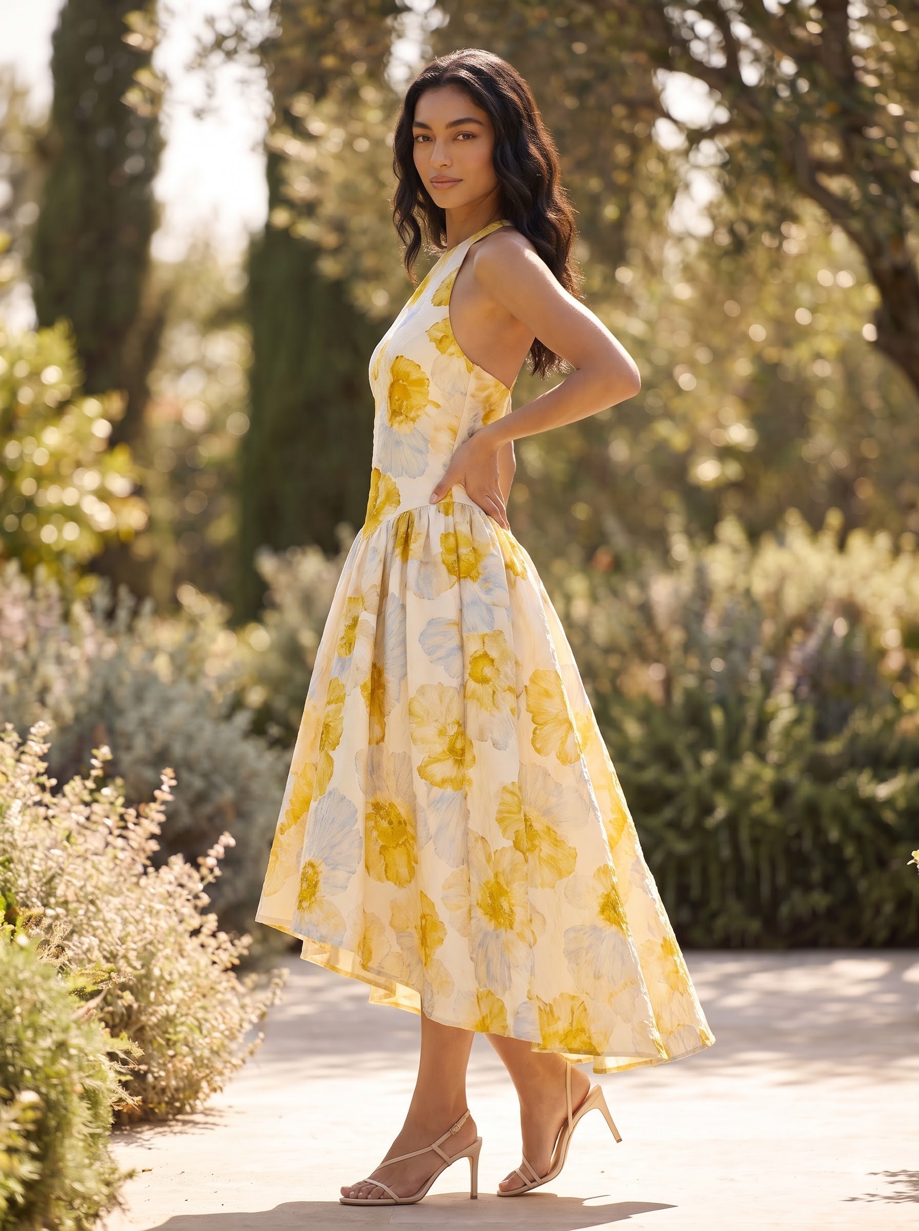 Watercolor Floral Printed Halter Neck Midi Dress