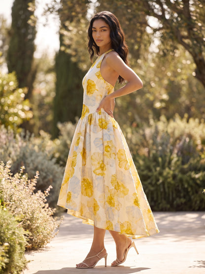 Watercolor Floral Printed Halter Neck Midi Dress