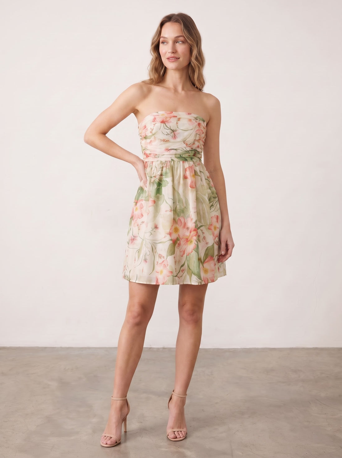 Watercolor Floral Printed Strapless Mini Dress