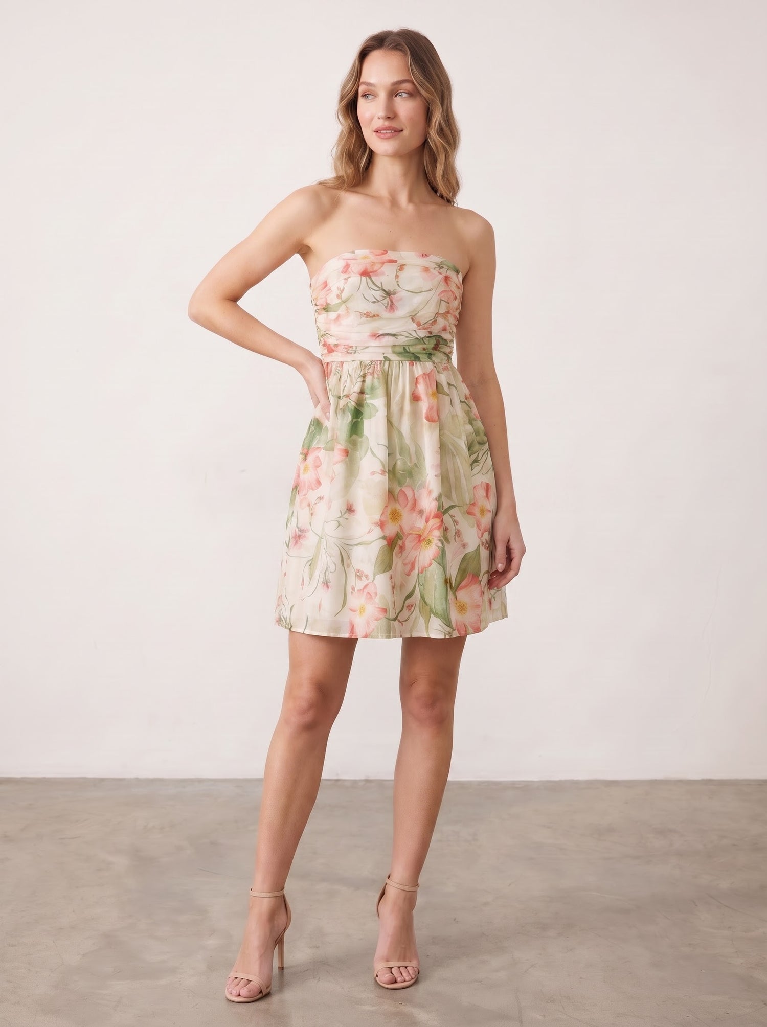 Watercolor Floral Printed Strapless Mini Dress
