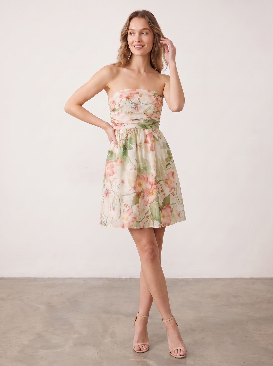 Watercolor Floral Printed Strapless Mini Dress