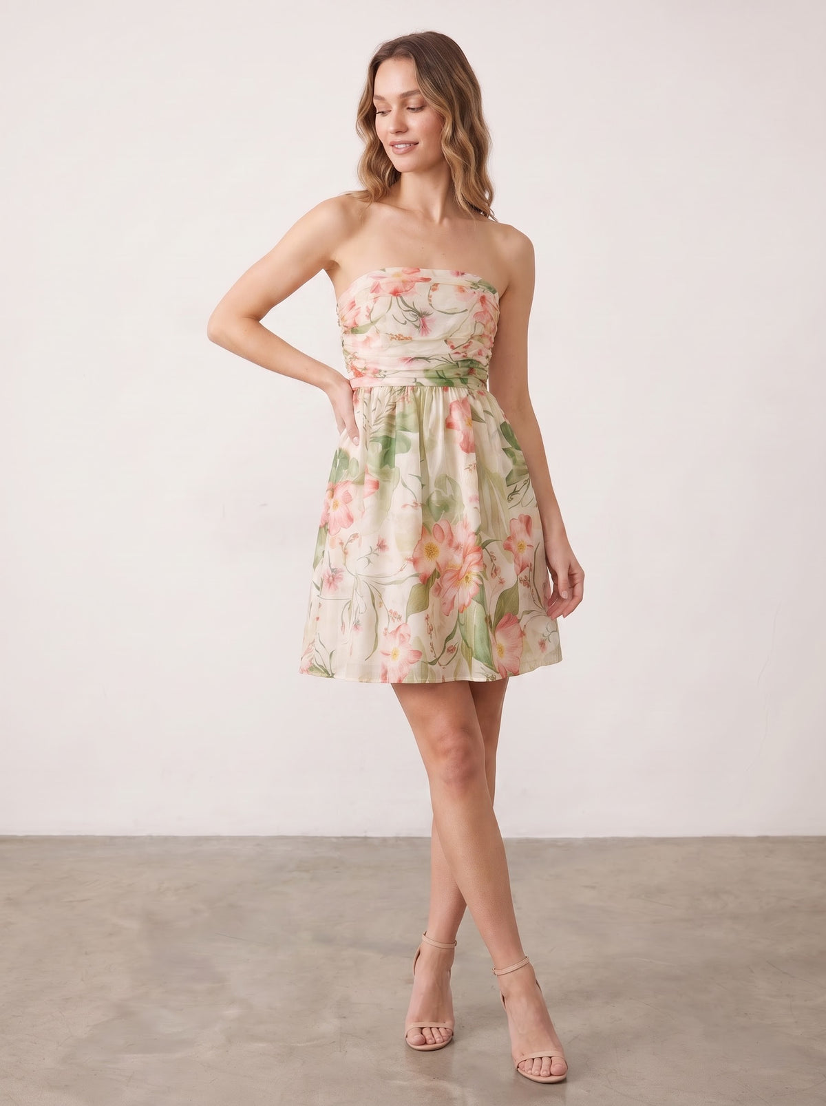 Watercolor Floral Printed Strapless Mini Dress