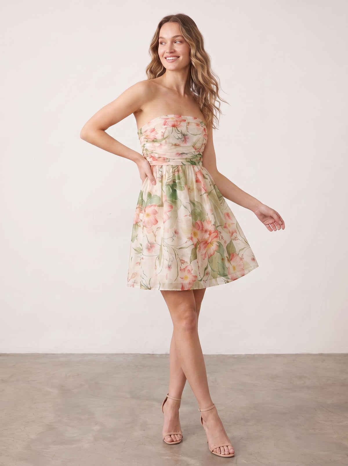 Watercolor Floral Printed Strapless Mini Dress