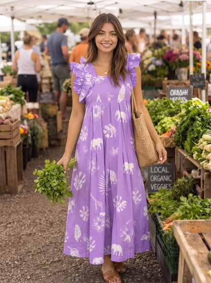 Lavender Tropical Safari Print Maxi Dress
