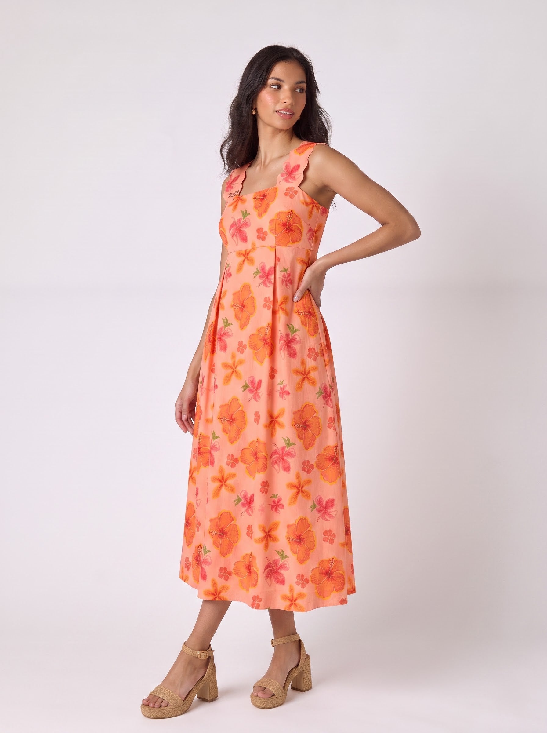 Peach Floral Print Maxi Dress