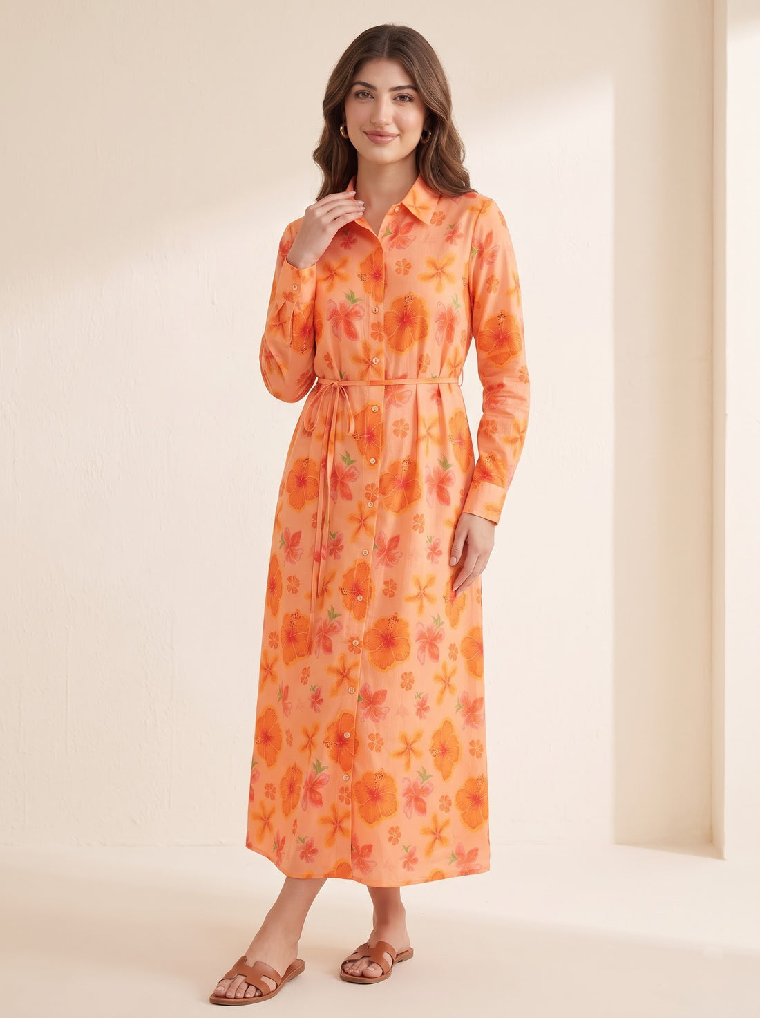 Peach Floral Belted Dress