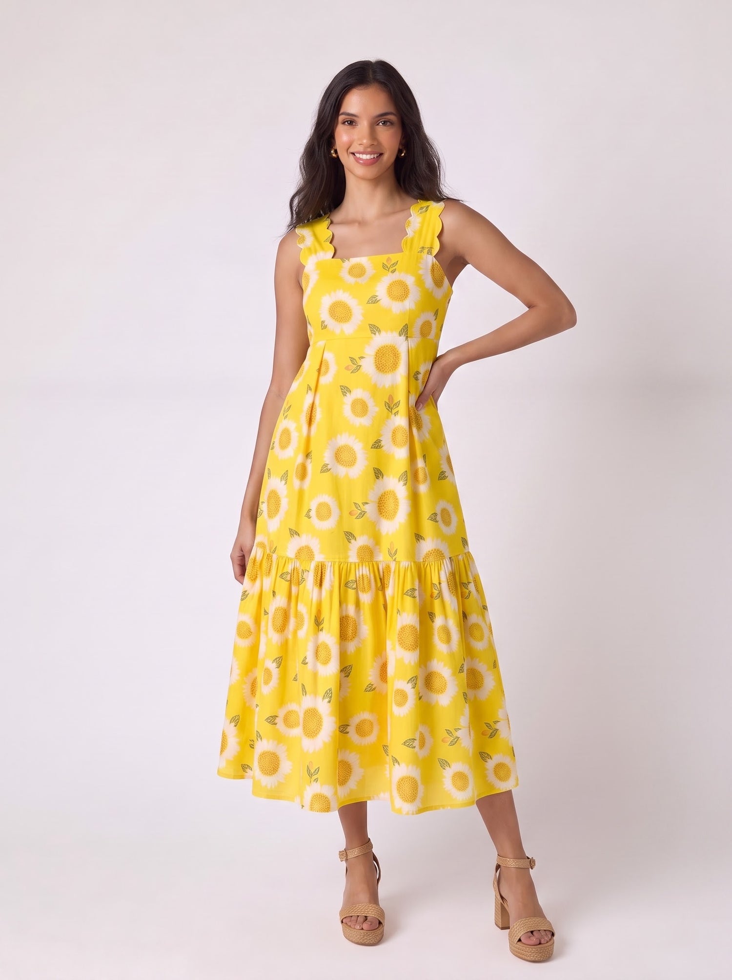 Yellow Sunflower Ruffle Strap Maxi Dress