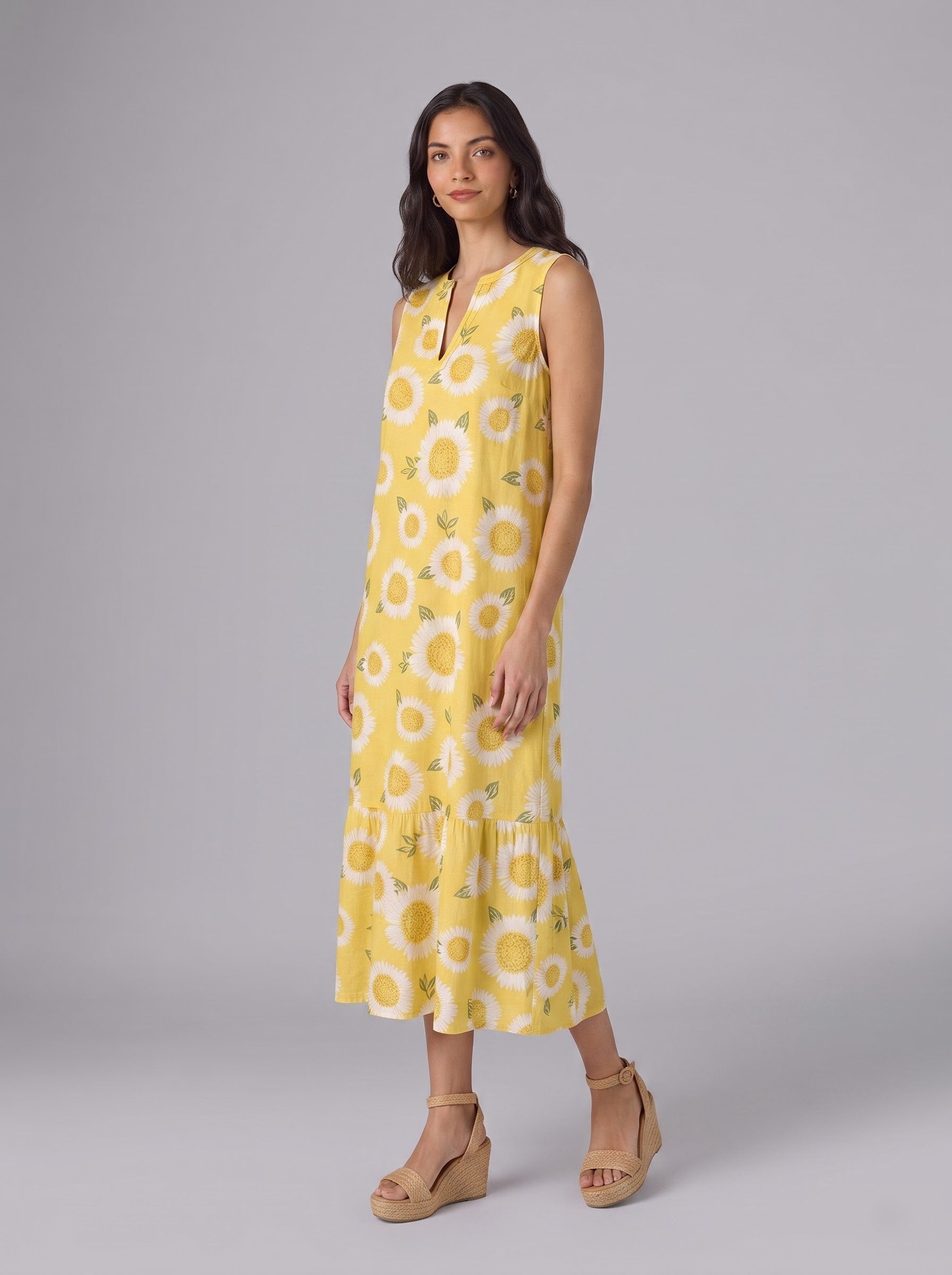 Yellow Sunflower Print Sleeveless Midi Dress