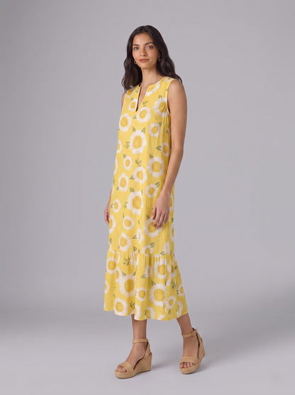 Yellow Sunflower Print Sleeveless Midi Dress