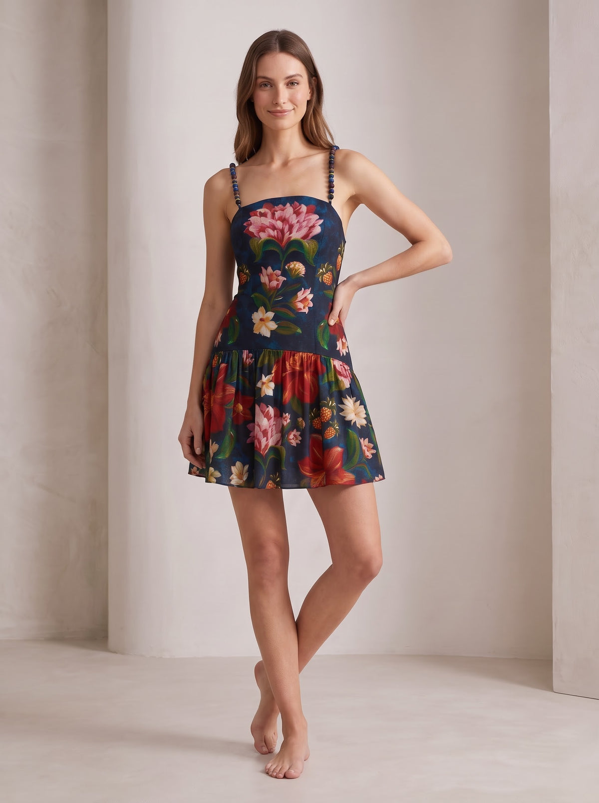 Botanical Floral Printed Strappy Mini Dress