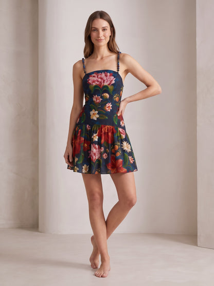 Botanical Floral Printed Strappy Mini Dress