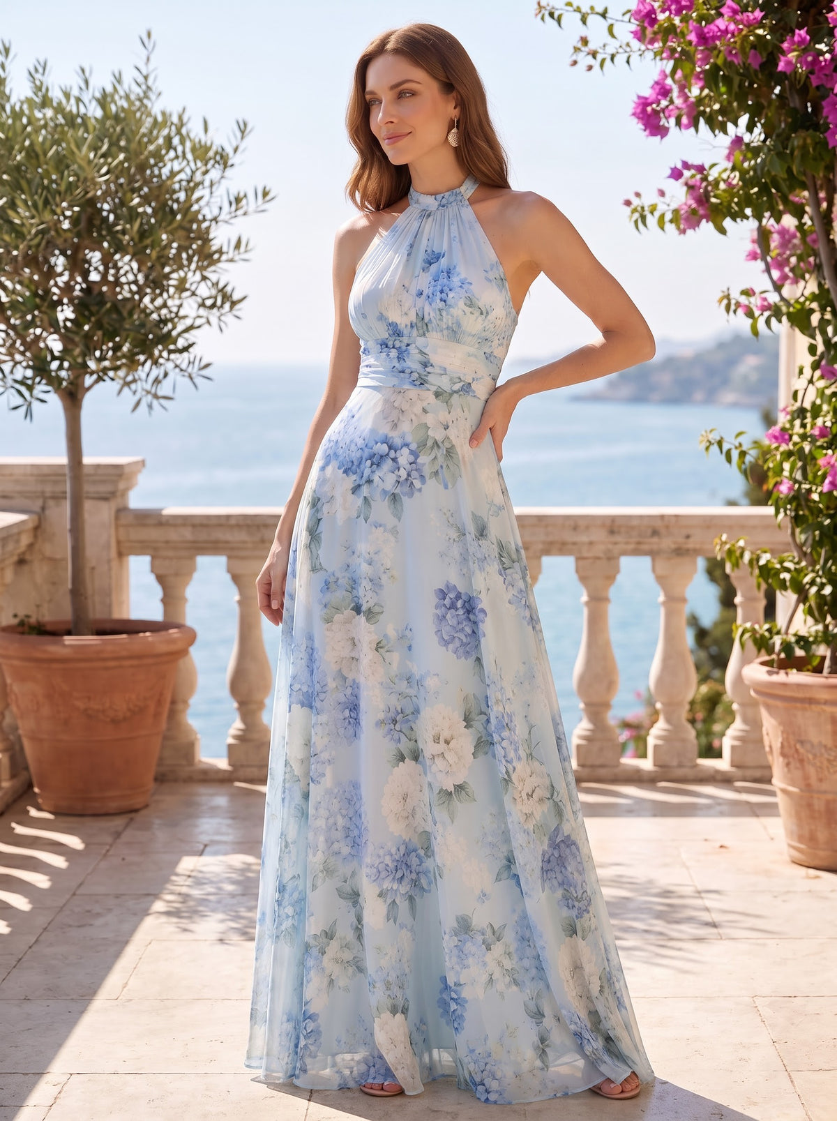 Hydrangea Floral Printed Halter Neck Maxi Dress