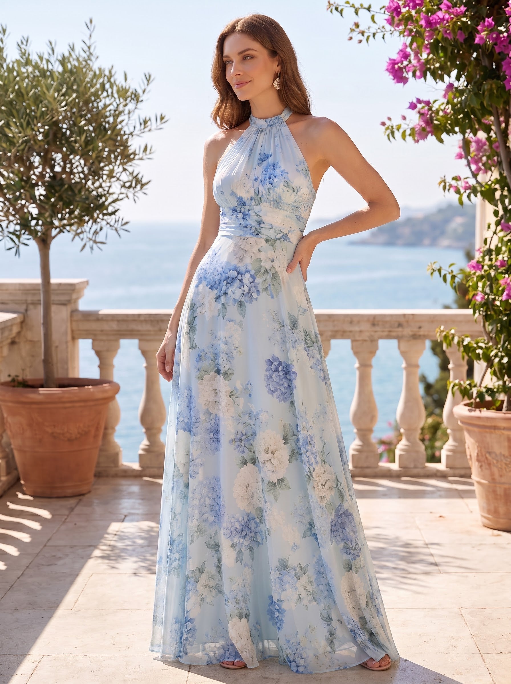 Hydrangea Floral Printed Halter Neck Maxi Dress