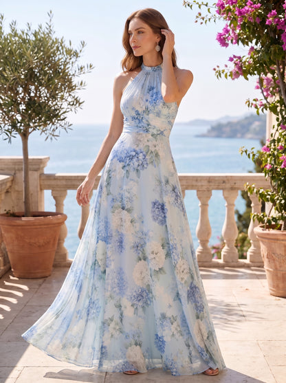 Hydrangea Floral Printed Halter Neck Maxi Dress