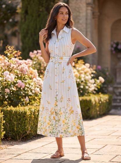 Striped Floral Print Belted Midi Dress