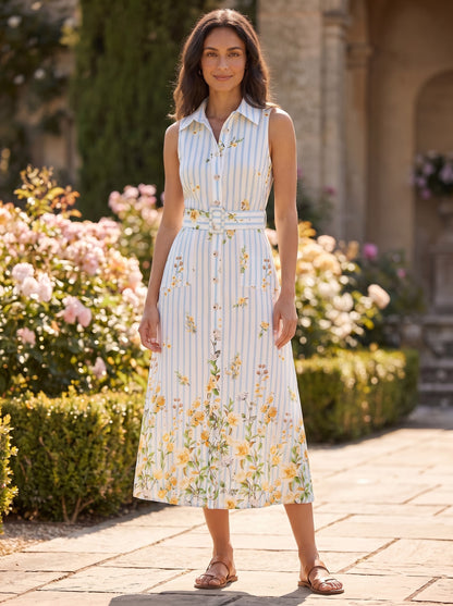 Striped Floral Print Belted Midi Dress
