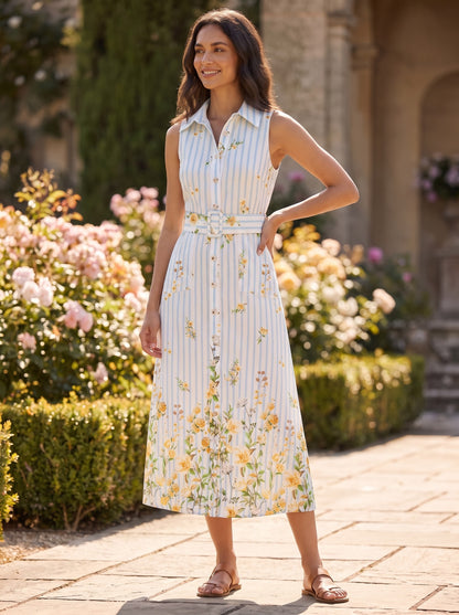 Striped Floral Print Belted Midi Dress